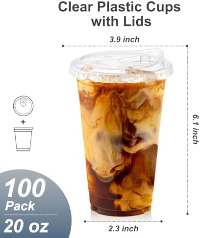 Dealusy 100 Pack - 20 oz Clear Plastic Cups with Sip Lids