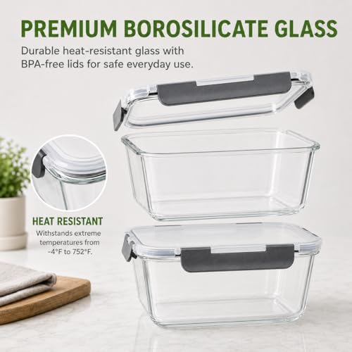 2 Pack Large Glass Food Storage Containers with Lids 85oz/10.5cup Big Airtight Storage Containers for Rotisserie Chicken Meal Prep Leftovers, BPA Free & Leak Proof, Microwave, Oven Safe (gray)