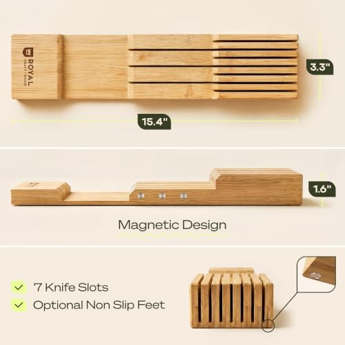Drawer Organizer for Kitchen Organization – Expandable Bamboo Silverware Drawer Organizer with Removable Knife Block, Bamboo Cutlery, Non-Slip Utensil Organizer with 7-Slot Knife Storage for Flatware