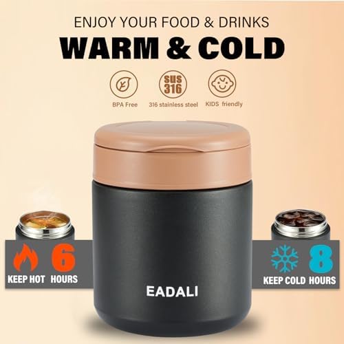 Eadali 15.2oz Kids Food Jar for Hot Food – Vacuum Insulated Lunch Container with 316 Stainless Steel Interior, Leakproof Wide Mouth & Foldable Spoon for School Meals