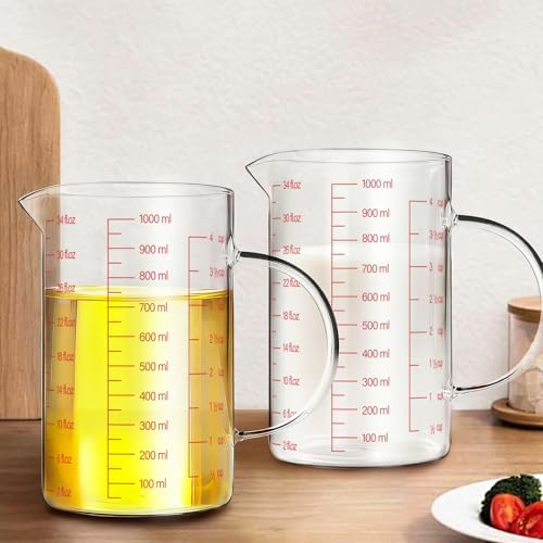 WhiteRhino Glass Measuring Cup,34oz/4Cup/1000ml Liquid Measuring Cups, Measuring Cup With Handle and V-Shaped Spout, Glass Beaker with Three Scales (OZ, Cup, ML), Dishwasher/Freezer/Microwave Safe