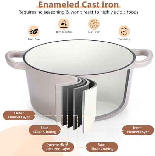E-far 6 Quart Enameled Cast Iron Dutch Oven, Round Dutch Oven Pot with Lid, Nonstick Cookware for Braising/Stews/Roasting/Bread Baking/Cooking, Heavy Duty, Induction & Oven Safe - Khaki