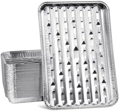 25Pcs Broiler Pans for BBQ Grill, 9x13 Grill Pan Liners with Ribbed Surface, Disposable Aluminum Foil Trays for Oven Without Hole