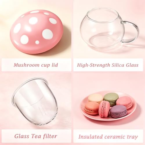Mushroom Tea Cup Set, Cute Glass Tea Cups and Saucers, Kawaii Teacup with Infuser for Loose Leaf Tea Steeper, Coffee Mugs Birthday Gifts for Women, Tea Infuser Mug with Lid for Mother Girls (Blue)