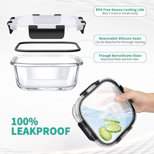 34pcs Glass Food Storage Containers with Lids Set, Airtight Glass Meal Prep Containers (17 Containers & 17 Lids), Leak Proof Lunch Container BPA-Free, Microwave, Oven, Freezer, Dishwasher Safe-Black