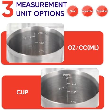 Newness Stainless Steel Measuring Cup, Metal Measuring Cup with Handle (Upgraded, 3 Marking Including Cup/ML/Ounce Scale), 16 Ounces (0.5 Liter, 2 Cup)