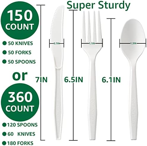 100%Compostable No Plastic Knives Disposable Forks Spoons Plastic Utensils, The Heavyweight Heavy Duty Flatware is Eco Friendly Products for Lounge Party Wedding BBQ Picnic Camping [150 Count]