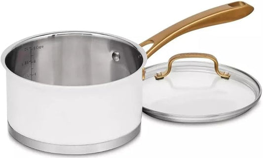 Cuisinart Classic Matte White & Brushed Gold 2.5qt Stainless Saucepan w/Cover