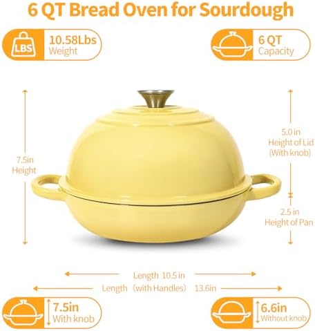 6QT Enameled Cast Iron Yellow Dutch Oven For Sourdough Bread Baking