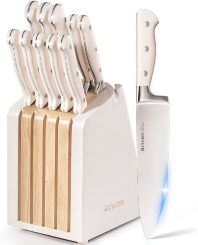 Knife Set,Astercook Kitchen Knives Set with Block 12-Piece Full Tang Stainless Steel Knives with Sharpener Dishwasher Safe and Anti-Slip Ergonomic Handle Utensils Set