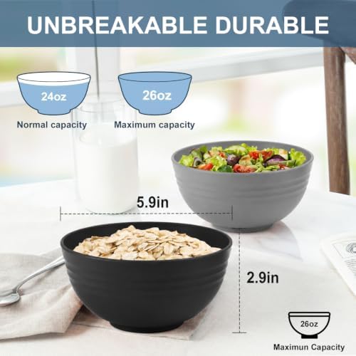 Wheat Straw Bowls Sets of 6, 26oz Plastic Bowl Reusable, Unbreakable Cereal Bowl, Microwave and Dishwasher Safe Soup Bowls for Kitchen, Camping, RV, Party - BlackBeige
