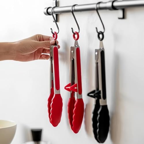 9" Kitchen Tongs for cooking with Silicone Tips, 3Pcs Serving Tongs, Red