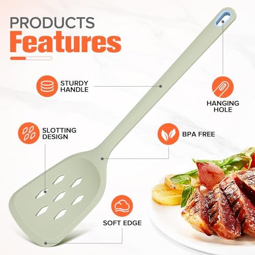 Silicone Spatula Set of 2 Pack, Heat Resistant Solid&Slotted Turner (GREEN)