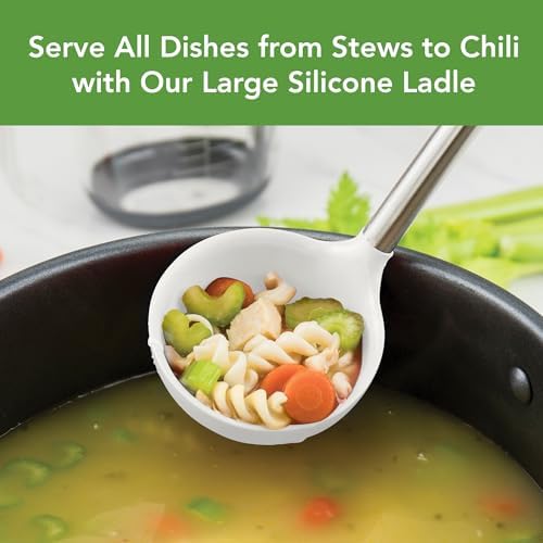 Tovolo Silicone Ladle With Stainless Steel Handle Deep Soup Ladle for Cooking Canning Serving Soup Punch Stew Sauce, Large Kitchen Utensil Spoon Dishwasher Safe BPA Free Silicone White
