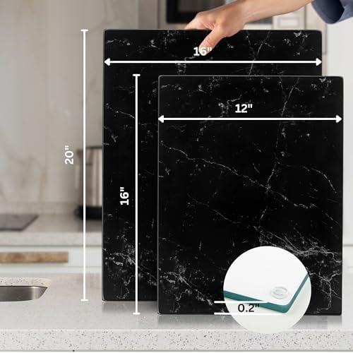 Kitchenville Glass Cutting Board 20”x16”: Tempered Glass Kitchen Counter Protector - Durable- Scratch-Resistant, Heat-Proof - Design 1 - Black Marble Effect