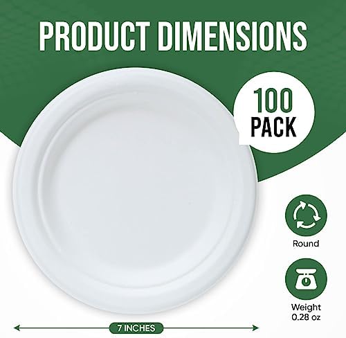 TaidMiao 7 Inch Paper Plate 100 Pack White Disposable,100% Compostable