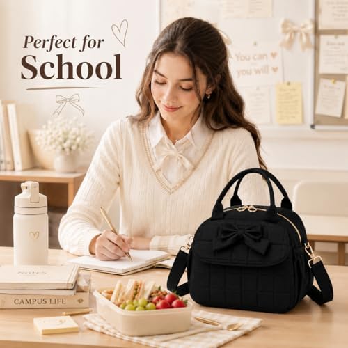 LEDAOU Lunch Box for Women Insulated Lunch Bag Corduroy Lunch Tote Bags Leakproof Cooler Lunch Case for Travel Work Picnic (A-Upgrade -Black)