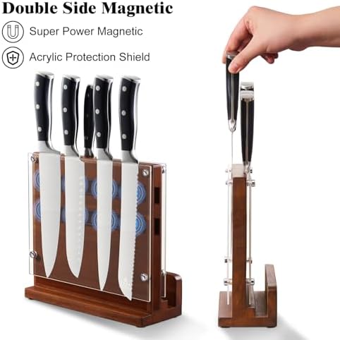 ENOKING Magnetic Knife Block with Acrylic Shield, Double Side Kitchen Knife Holder without Knives- Acacia Wood Universal Knife Storage Organizer with Powerful Magnet for Kitchen Counter