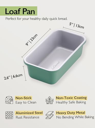 LeGourmet Nonstick Bread Loaf Pan 9 X 5 Inch, Ceramic Coating, Non-Toxic, Rust Resistant Aluminized Steel, Perfect 1 lb Baking Dish for Meatloaf, Pound Cake & Brownie (Rosemary 2pcs)