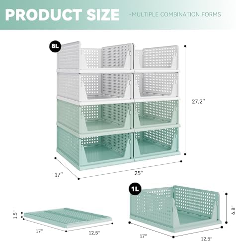 Pinkpum Green Boy Closet Organizers and Storage Stackable Plastic Drawer Basket for Clothing Stackable Storage Bins Shelf Storage Container for Rv Closet Wardrobe Bedroom Bathroom Playroom Man 8 Pack
