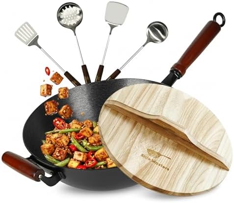 Pre-Seasoned Cast Iron Nonstick Stir-Fry Pan | Dual Handles & 4 Spatulas | Flat Bottom Wok with Wooden Lid & Wood Handle | Traditional Chinese Induction Wok (34cm)