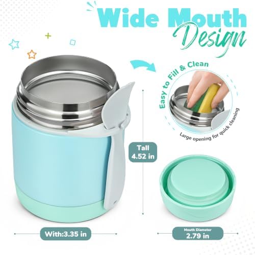 10oz Soup Thermo for Hot Food Kids,Lunch Thermo Kids Food Jar with Spoon Hot Insulated Food Containers,Leak Proof Stainless Steel Wide Mouth Lunch Thermo Jar for School(Mint-Green)