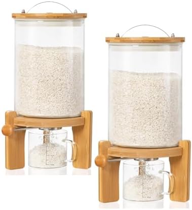 HBlife 5-7 Lbs Glass Rice Dispenser with Wooden Stand Flour and Cereal Container with Glass Measuring Cup Pantry Food Organization Storage Bin with Airtight Bamboo Lid, 3L (2 Pack)