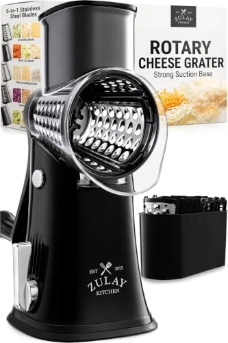 Rotary Cheese Grater Manual Hand Crank 5 Blade Shredder, Black & Chrome