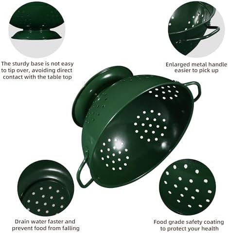 Metal Colander Set of 3, Strainer Basket with Handles perfect for Spaghetti, Pasta, Berry, Vegetable, Fruit, Solid Base Powder Coated Kitchen Essential Strainer Set, 1 & 3.5 & 5 Qt (Dark Green)