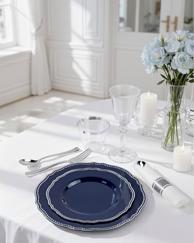 Hioasis 175 Pcs Blue Silver Plastic Plates Wedding & Party