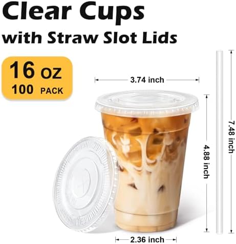 BYSNOW 16 oz 100 Pack Clear Plastic Iced Coffee Cups with Lids Disposable