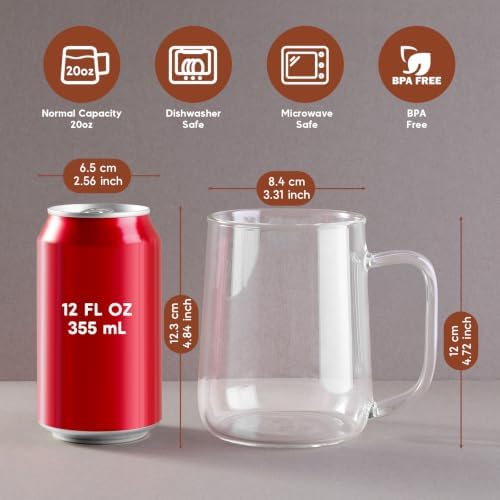 Large Glass Coffee Mugs, 20 oz Glass Coffee Cups Set of 6, Clear Borosilicate Glass Mugs with Handles for Cappuccino, Tea, Latte, Hot/Cold Beverages, Wine, Americano