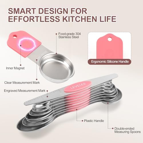 16-Piece Magnetic Measuring Cups and Spoons Set, Stainless Steel, Pink