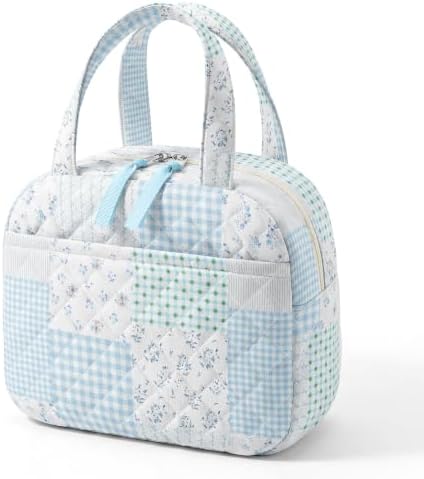 WOBAGMEN Quilted Lunch Box for Women,Coquette Aesthetic Lunch Box for Teen Girls,Cute Floral Lunch Bags for Work, School,Office,Picnic,Travel (green blue pin)