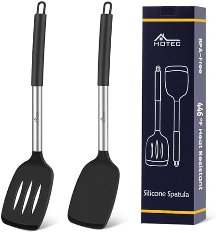 HOTEC Silicone Spatula Set of 2, High Heat-Resistant & BPA-Free Kitchen SaptulaTurner with Stainless Steel Handles, Slotted & Solid Spatulas for Nonstick Cookware, 13.7 Inch, Black