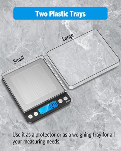 AMIR Digital Kitchen Scale, 500g/0.01g Mini Pocket Jewelry Scale, Cooking Food Scale with Backlit LCD Display, 2 Trays, 6 Units, Auto Off, Tare, PCS Function, Stainless Steel, Battery Included, Black