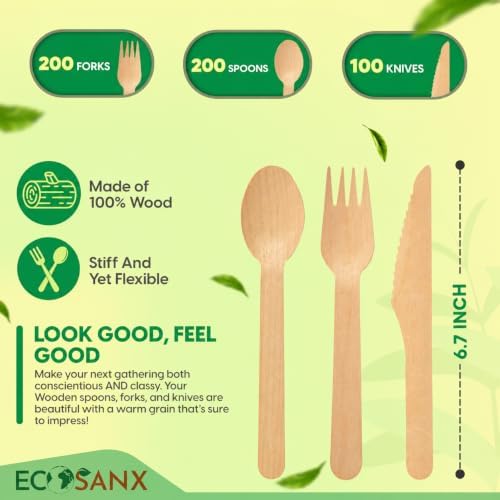 500 PCs Disposable Wooden Cutlery set, Splinter Free Compostable Utensils