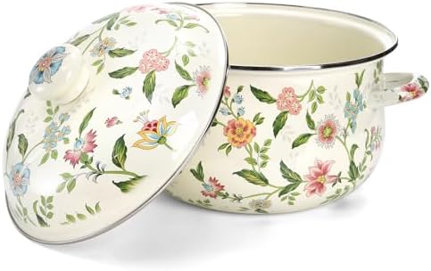 Jucoan 5 Quart Enamel Stockpot with Lid, Green Floral Enamelware Cooking Pot with Dual Handles for Stovetop, Large Soup Pot Potpourri Simmer Pot Gift for Housewarming Bridal Shower Mother's Day