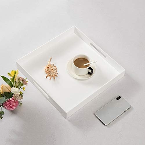 KEVLANG Glossy White Sturdy Acrylic Serving Tray with Handles-14x14Inch-Serving Coffee,Appetizer,Breakfast,Butler-Kitchen Countertop Tray-Makeup Drawer Organizer-Vanity Table-Ottoman Tray