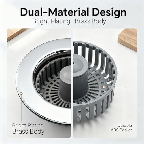 Kitchen Sink Stopper, 3 in 1 Pop Up Kitchen Sink Drain Strainer, with an Extra Basket Strainer, Sink Drain Stopper for US Standard 3-1/2 Inch, Brass Material Electroplate (Silver 2pcs)