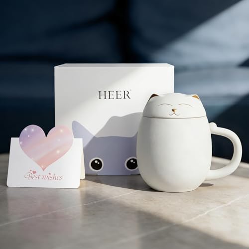 HEER Cat Ceramic Tea Mug 13.5oz with Infuser and Lid, White