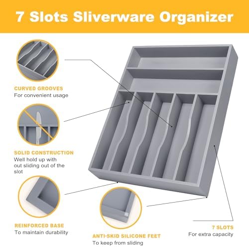 Kitchen Bamboo Silverware Organizer, Kitchen Drawer Organizer - Utensil Holder and Cutlery Tray with Grooved Drawer Dividers for Flatware 7 Slot, Grey
