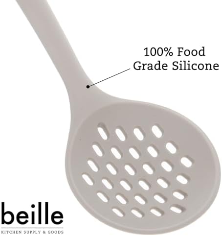 Beille 6pc Beech Wood and Silicone Kitchen Utensils Set Cooking Baking Supplies Home Essentials, Light Grey