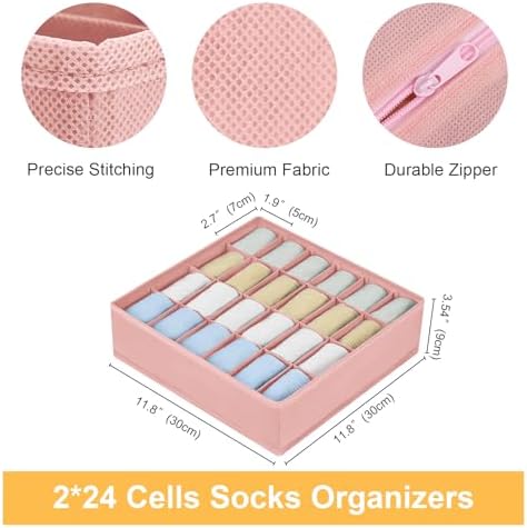 Joyoldelf Sock Organizer Drawer Organizer - 2 Packs Underwear Organizer, 24 Cells Collapsible Closet Organizers and Storage Sock Holders Organizers for Storing Socks, Ties, Belts(Pink)