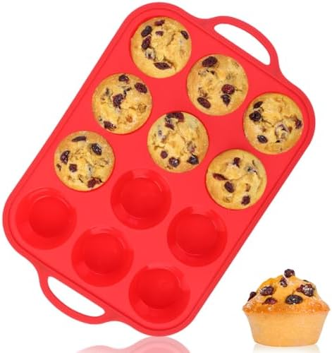 CAKETIME Silicone Muffin Pan with Metal Reinforced Frame Regular Size Muffin Pan with Handle Easy to Move 12 Cups for Baking Nonstick Muffin Tin BPA Free 1 Pack Red