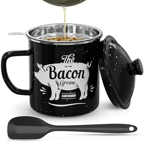 PGYARD Bacon Grease Container with Strainer-46OZ Enamel Keeper with Spatula