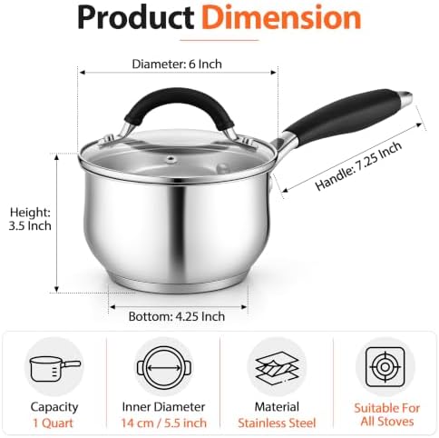 TeamFar Sauce Pan, 1 Quart Stainless Steel Saucepan with Lid
