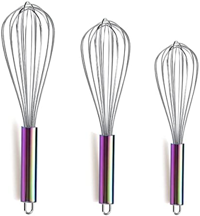 Berglander Rainbow Handle Whisk Pack of 3 Stainless Steel 8",10",12", Titianium Plating Colorful Handle Whisks for Cooking, Beater,Wire Whisk Set Kitchen Wisk (Rainbow Handle)
