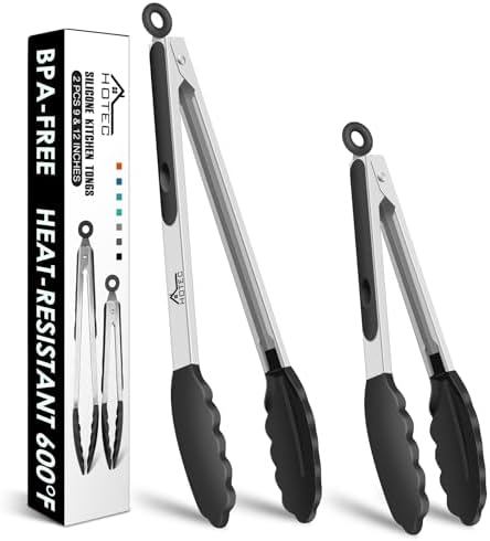 HOTEC Premium Stainless Steel Locking Kitchen Tongs with Silicon Tips, Set of 2-9" and 12"