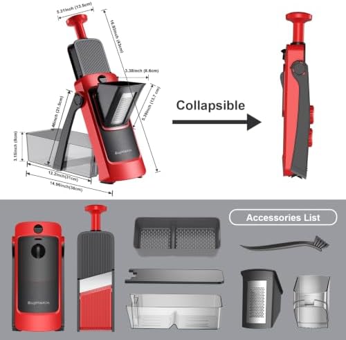 SUPMAKIN Safe Mandoline Slicer, Adjustable Vegetable Food Slicer and Chopper, Potato Fries Fry Cutter, Veggie Salad Chopper, New Kitchen Chopping Artifact Gifts (4V RED)